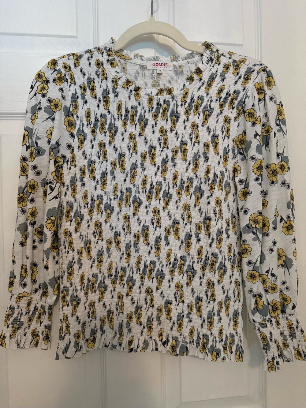 Goldie Smocked Floral Blouse — Yellow, Gray on White NWOT